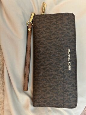 Michael Kors Dark Brown MK Logo Zip-Around Wristlet - gently used